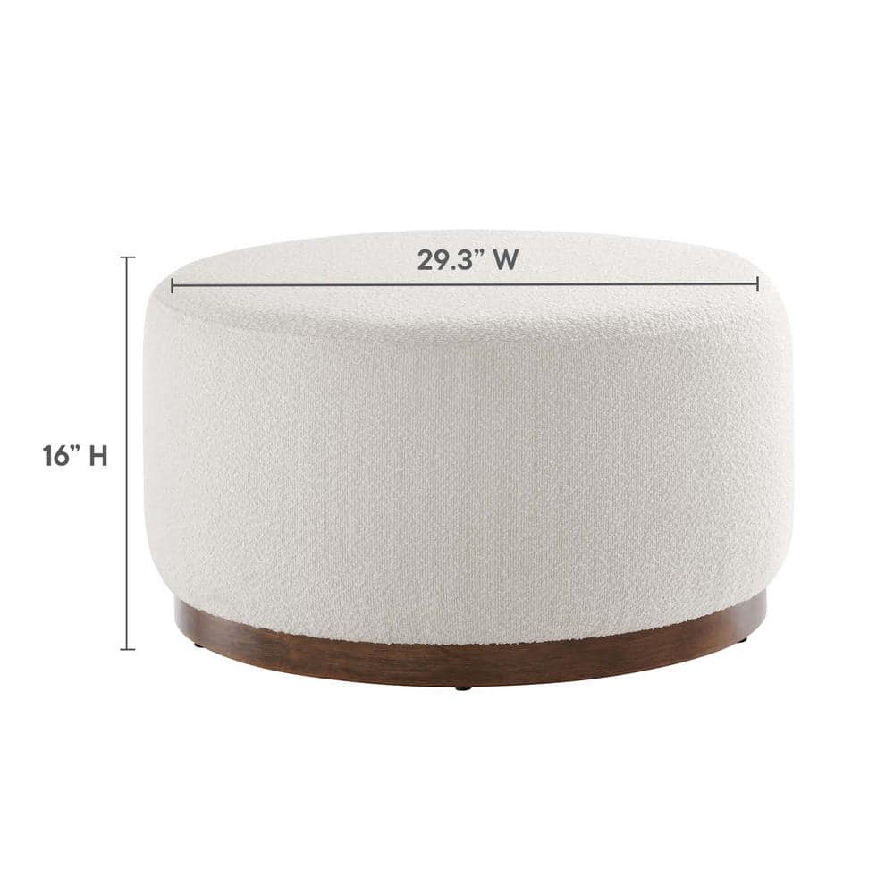 Tilden 29" Round White Boucle Ottoman with Walnut Base