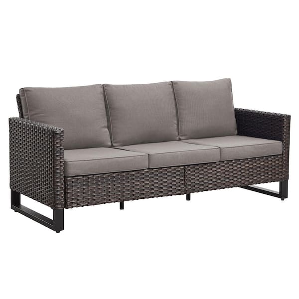 U-Shaped Foot Series 3-Seat Wicker Outdoor Patio Sofa Couch with Deep Seating and Cushions (Brown/Gray)