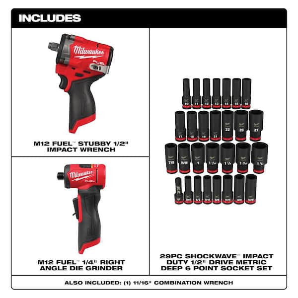 M12 FUEL 1/2 In. Stubby Impact Wrench with M12 FUEL Right Angle Die Grinder and 29Pc Impact Socket Set