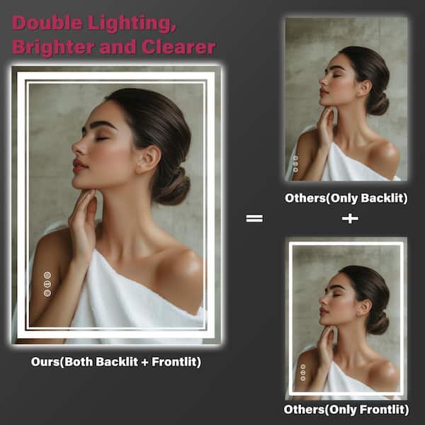 28 in W x 36 in H Rectangular Frameless Wall Mount 3 Colors Dimmable Anti-fog LED Bathroom Vanity Mirror with Memory