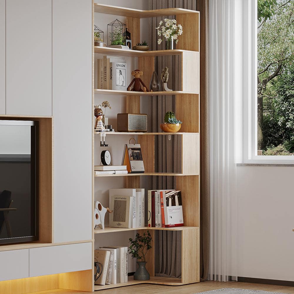 FUFU GAGA 35.4 in. Wide Bright Wood Grain 7 Shelves Accent Bookcase Open Back Bookshelf Corner Bookcase 82 in. H x 23.6 in. D KF260087 01 The Home Depot
