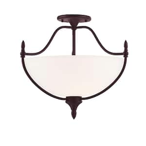Herndon 18 in. W x 15.5 in. H 3-Light English Bronze Semi-Flush Mount Ceiling Light with White Glass Shade