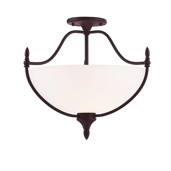 Savoy House Herndon 18 in. W x 15.5 in. H 3-Light English Bronze Semi-Flush Mount Ceiling Light with White Glass Shade