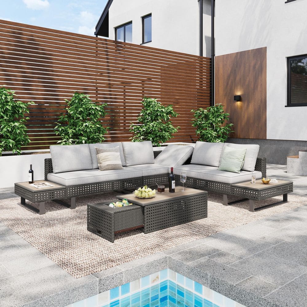 6-Piece Diamond Wicker Patio Conversation Set with Gray Cushions, Extendabl