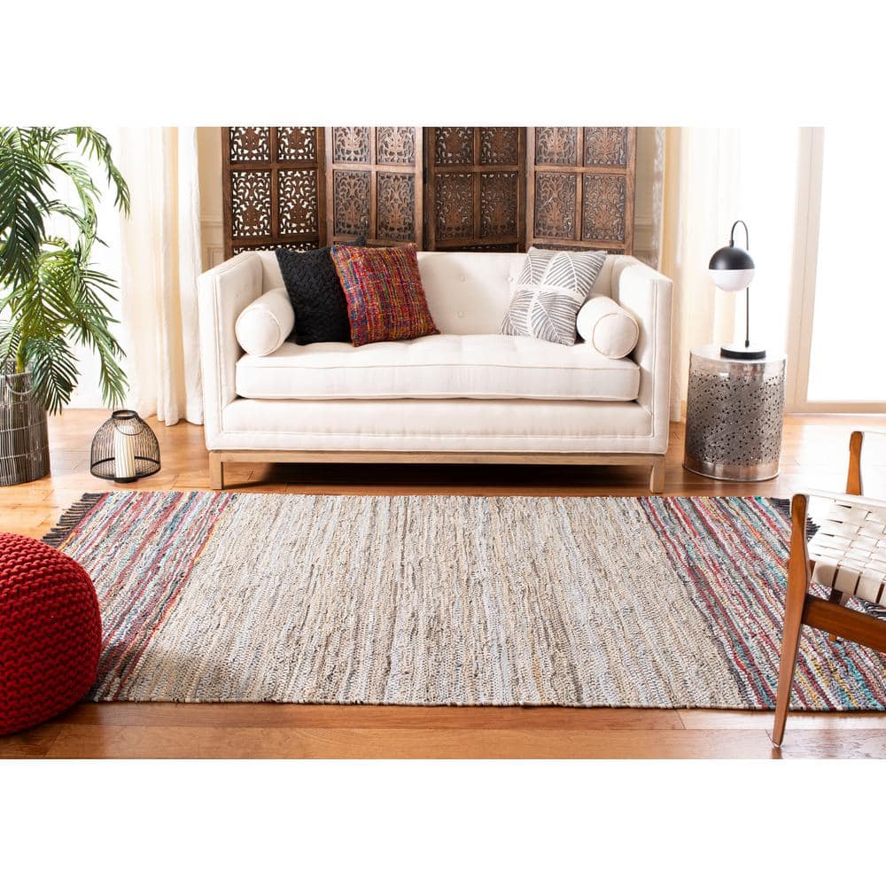 Vintage Beige and Multicolor Handwoven Leather Area Rug 4' x 6'