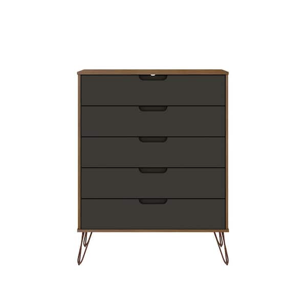 Manhattan Comfort Rockefeller 5-Drawer Nature and Textured Grey Tall Dresser (44.57 in. H x 35.31 in. W x 21.57 in. D)