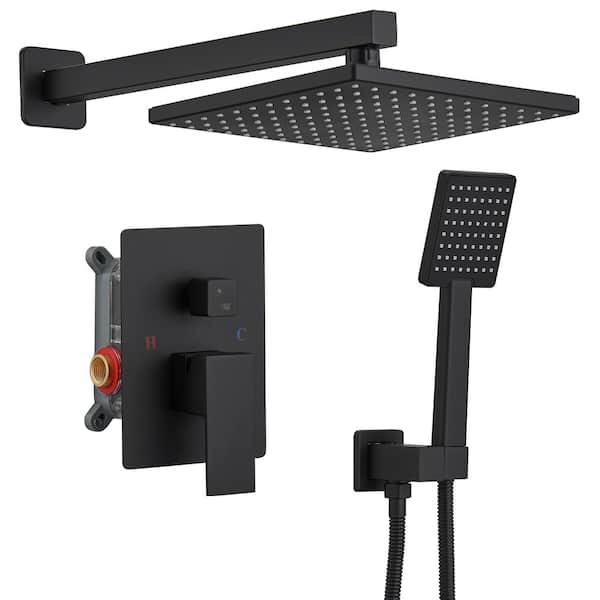 Rainfall 2-Handle 2-Spray 9 in. Square High Pressure Shower Faucet 2.5 GPM in Matte Black (Valve Included)