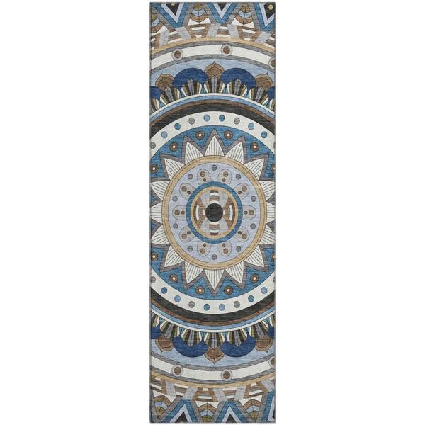 Mayfield Premium Machine Washable Abstract AMF2277 Denim 2 ft. x 7 ft. Runner Rug