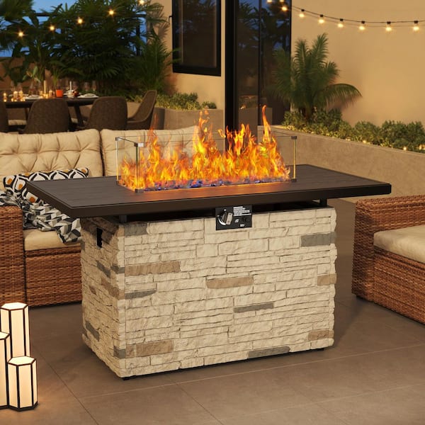 HomeAura Beige 2-in-1 Outdoor Rectanble Propane Fire Pit Set with