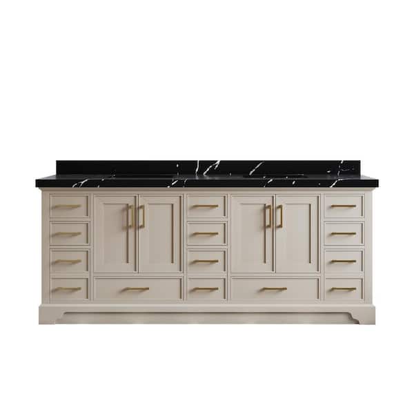 Willow Collections Charlotte 84 in. Double Sink Freestanding Black Top Bath Vanity with Calacatta Black Qt. Top Unassembled