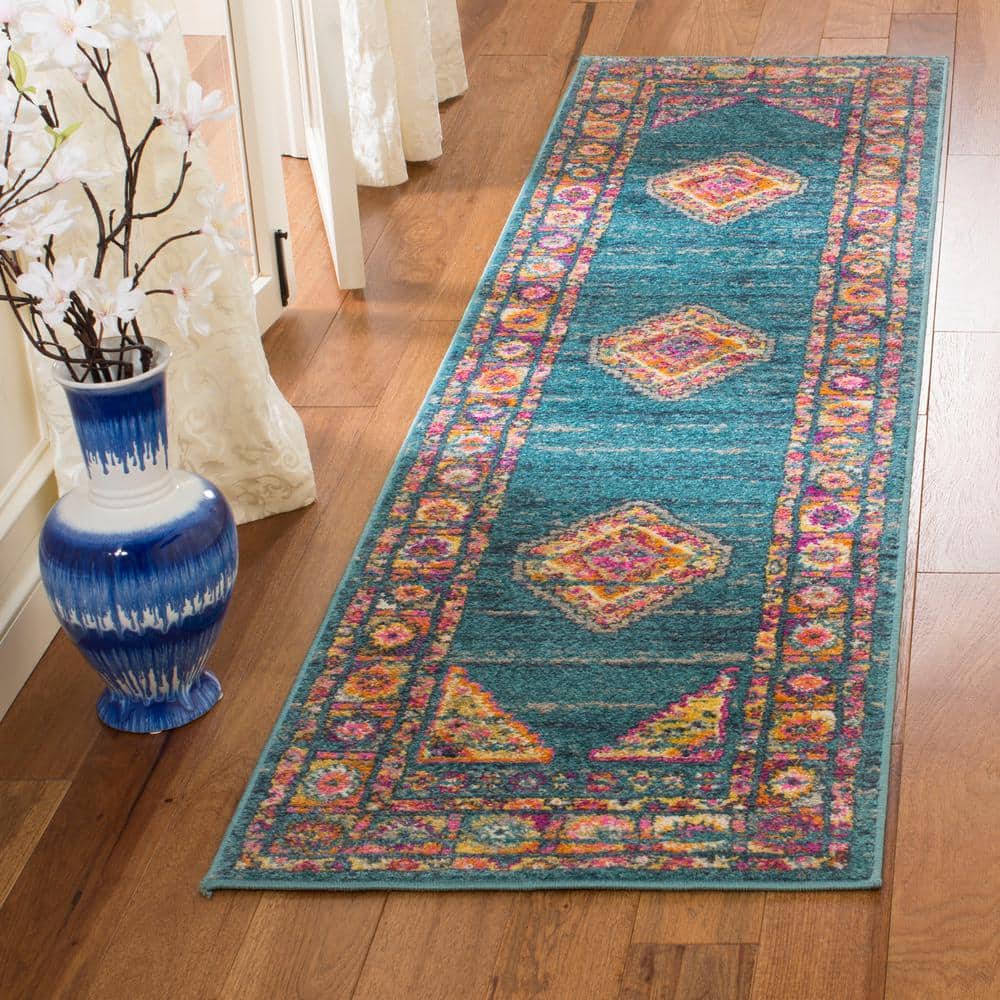 Chic Metro-Mod Light Blue & Orange Synthetic Runner Rug - 2'3" x 6'