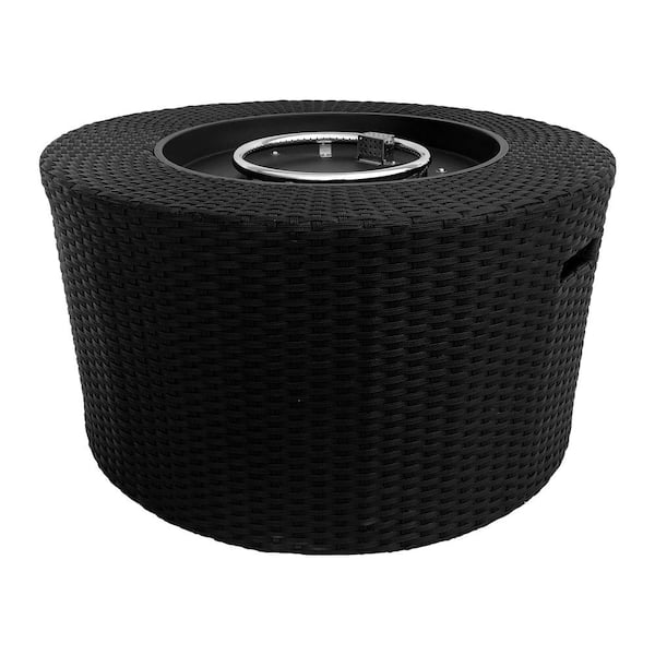 Armen Living Moon 32.3 in. W x 17 in. H Round Wicker Propane Outdoor Patio Fire Pit in Black with Natural Texture