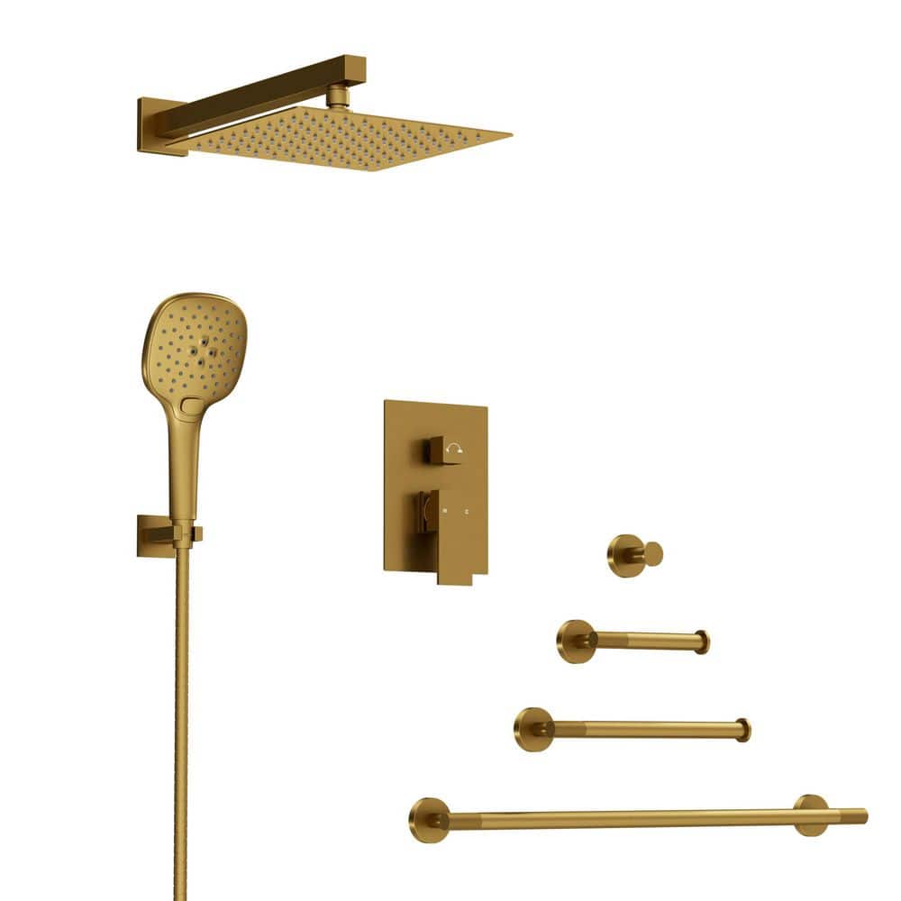 Double Handle 3-Spray 10 in. Wall Mount 2.5 GPM High Pressure Shower Faucet with 4-Pieces Towel Rack Set in Brushed Gold price history on PriceWatchPro