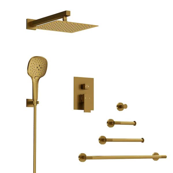 Double Handle 3-Spray 10 in. Wall Mount 2.5 GPM High Pressure Shower Faucet with 4-Pieces Towel Rack Set in Brushed Gold
