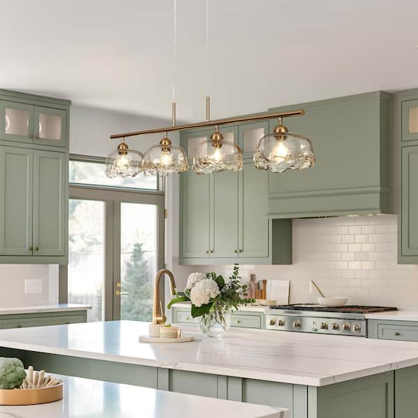 4-Light Plated Brass Linear Island Chandelier with Handcrafted Jellyfish Oval Glass for Dining Room Kitchen Living Room