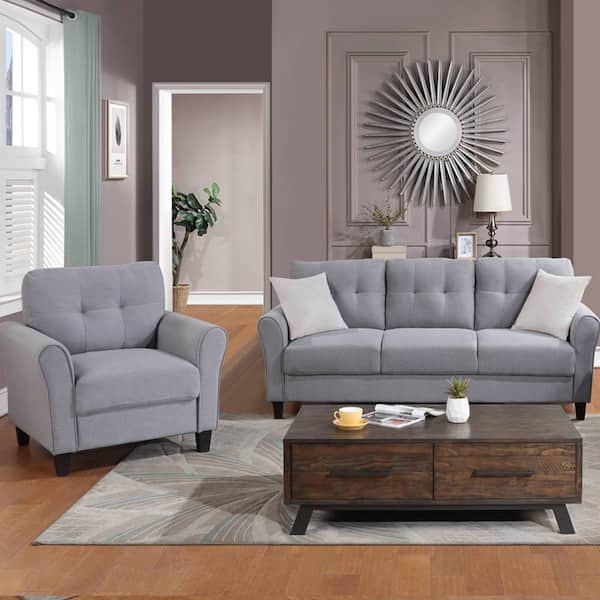 79.9 in. Square Arm Linen Rectangle Sofa with 1 Chair and 3-Seat Sofa in Light Gray-Blue
