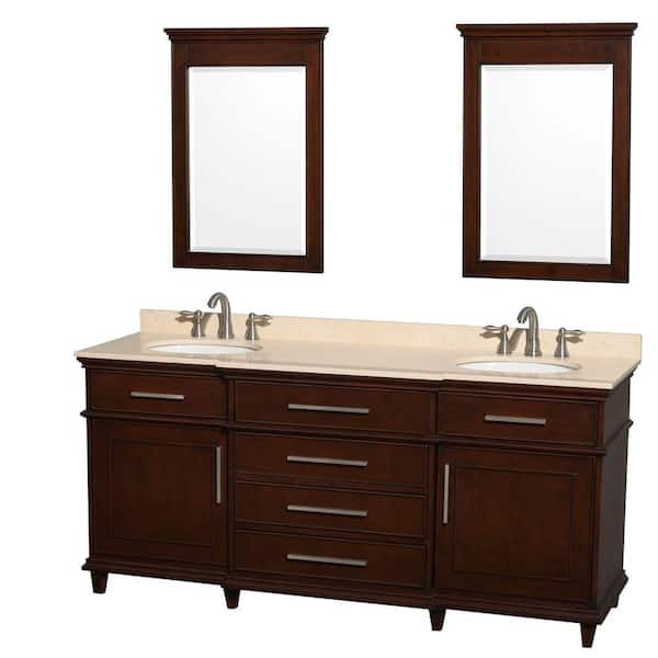 Wyndham Collection Berkeley 72 in. Double Vanity in Dark Chestnut with Marble Vanity Top in Ivory, Oval Sink and 24 in. Mirrors