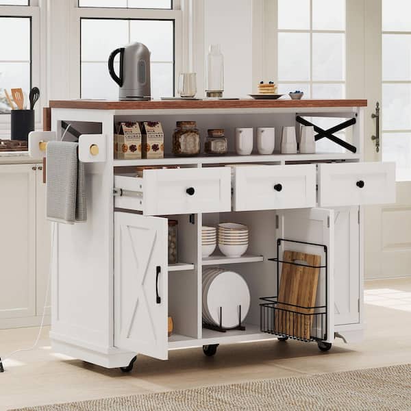 White Wood 46.5 in. Rolling Kitchen Island with Drop Leaf, Power Outlet and 5-Wheels