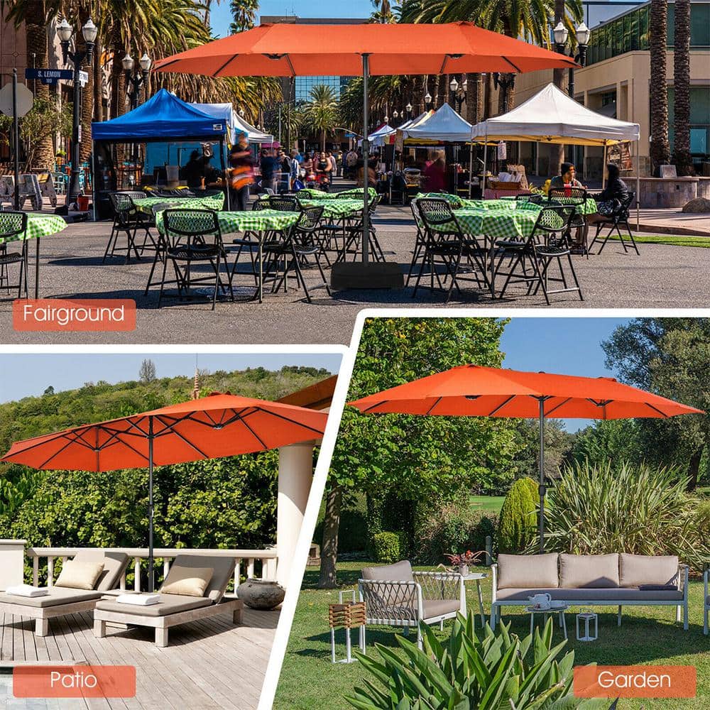 15ft Orange Double-Sided Steel Patio Umbrella with Hand Crank