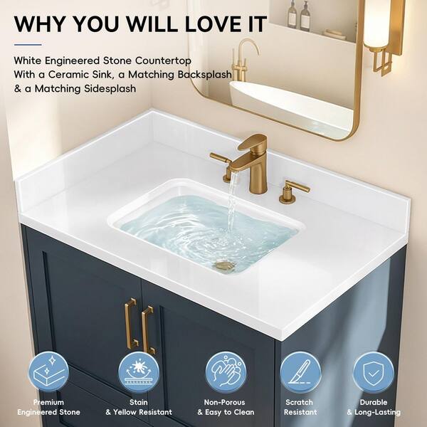 Zeafive Por 36 in. W x 22 in. D Engineered Stone White Rectangular