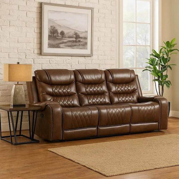 Paul Collection 86.5 in. Rolled Arm Faux Leather Rectangle Recliner with Drop Table Cupholders Sofa in Brown