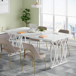 Adan 63 in. Rectangle Simple Faux Marble White Wooden Trestle Rectangle Desk Dining Table Seats 6 Geometric Legs