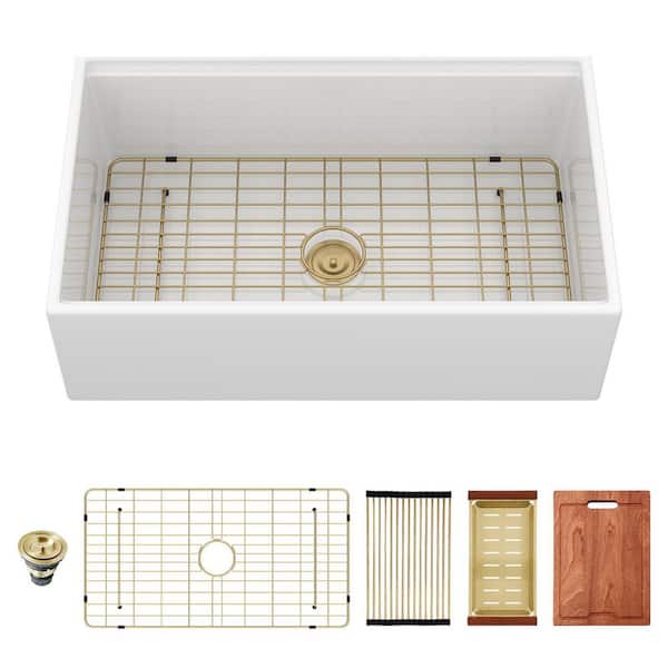 33 in. Farmhouse Single Bowl 16 Gauge White Ceramic Kitchen Sink with Gold Drain and Gold Dish Grid, Gold Colander