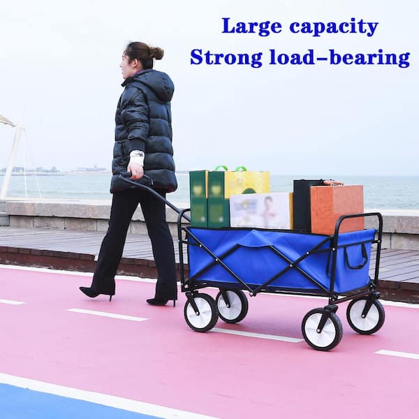 3.63 cu. ft. Outdoor Folding Steel Garden Cart; Large Capacity Folding Beach Wagon Shopping Garden Cart Blue