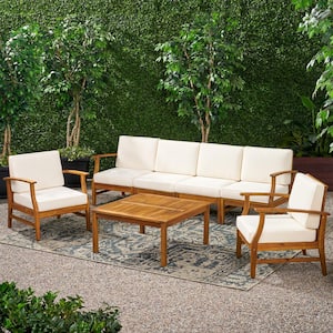 Giancarlo Teak 7-Piece Wood Patio Sofa and Club Chair Conversation Set with Cream Cushions
