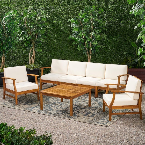 Noble House Giancarlo Teak 7-Piece Wood Outdoor Patio Sofa and Club Chair Conversation Set with Cream Cushions