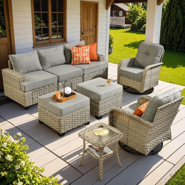 OVIOS Vinceny Gray 8-Piece Wicker Patio Conversation Seating Set with Dark Gray Cushions and Swivel Chairs