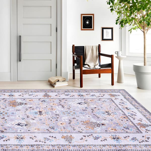 B829) Grey & White Floral Washable Area Rug, 8x10