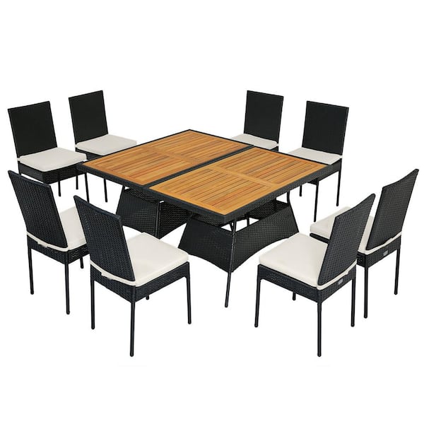 Gymax 10-Piece Rattan Patio Dining Wicker Set Cushioned Outdoor Dining Furniture Set with Off White Cushions Wooden Tabletop