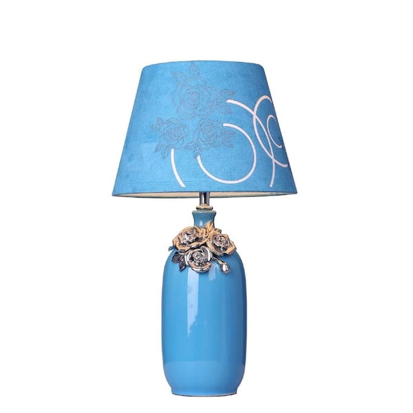 Elegant Designs 19 in. Blue Ceramic Table Lamp with Chrome Flower Accents