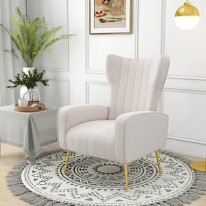Modern White Wide armreat Velvet upholstered Fabric Accent Armchair with Metal Legs