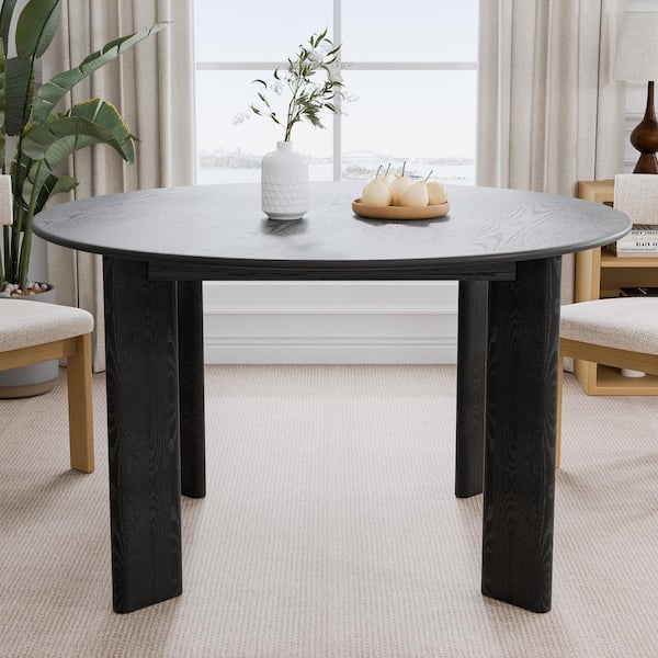 52 in. Natural Oak Wood Black Color 4 Legs Round Kitchen Table Dining Table Seats 6