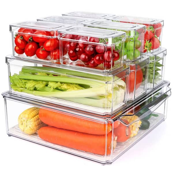 10-Piece Clear Plastic Refrigerator Pantry Organizer Bins, Stackable Fridge Organizer Containers with Lids for Kitchen