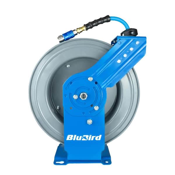1/2 in. x 50 ft. Rubber Air Hose and Single Arm Steel Hose Reel with Swivel Mount Base, Coupler and Socket Wrench