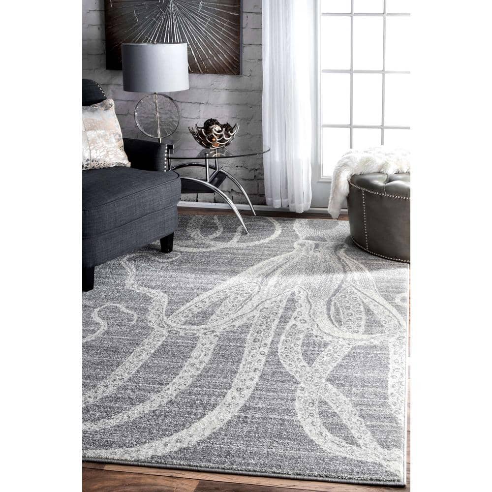 Contemporary Coastal Charm Gray Stripe Synthetic Area Rug, 5' x 8'