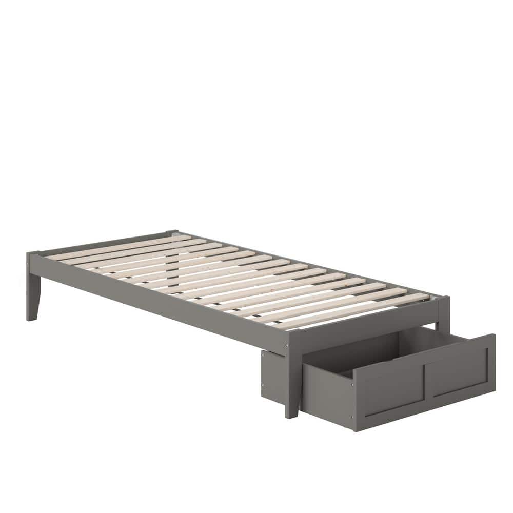 Grey Twin XL Wood Platform Bed with Storage Drawer and USB Charger