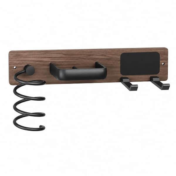 12.1 in. W Wall Mounted 3 in 1 Hair Tool Organizer for Hair Dryer, Curling Iron and Flat Iron, Walnut Matte Black