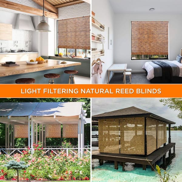 Cord Free Chocolate Light-Filtering Natural Bamboo Reed Roman Shades Manual Roll-Up Window Blinds 48 in. W x 72 in. L