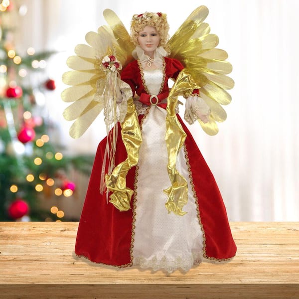 Pair of Standing Christmas Fairy Angel Ornaments Red & Gold Figurines 