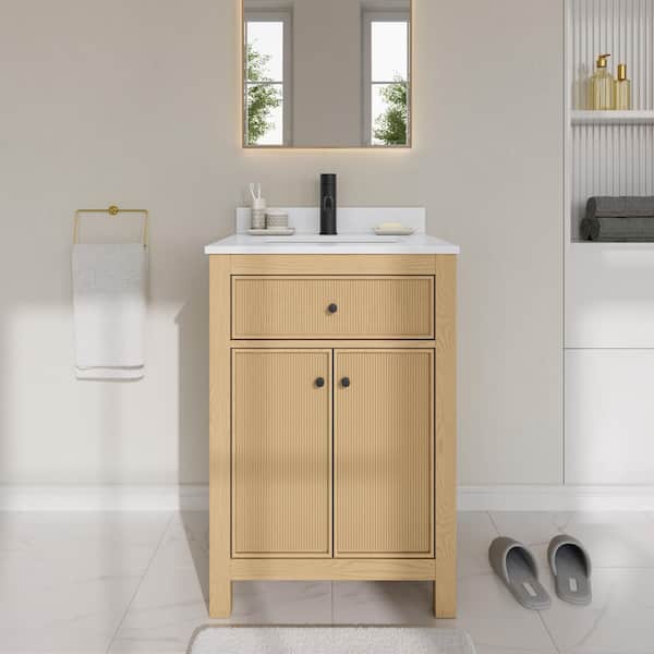 Pendry 24 in. Single Freestanding Tanned Oak Bath Vanity with White Cultured Marble Top Assembled