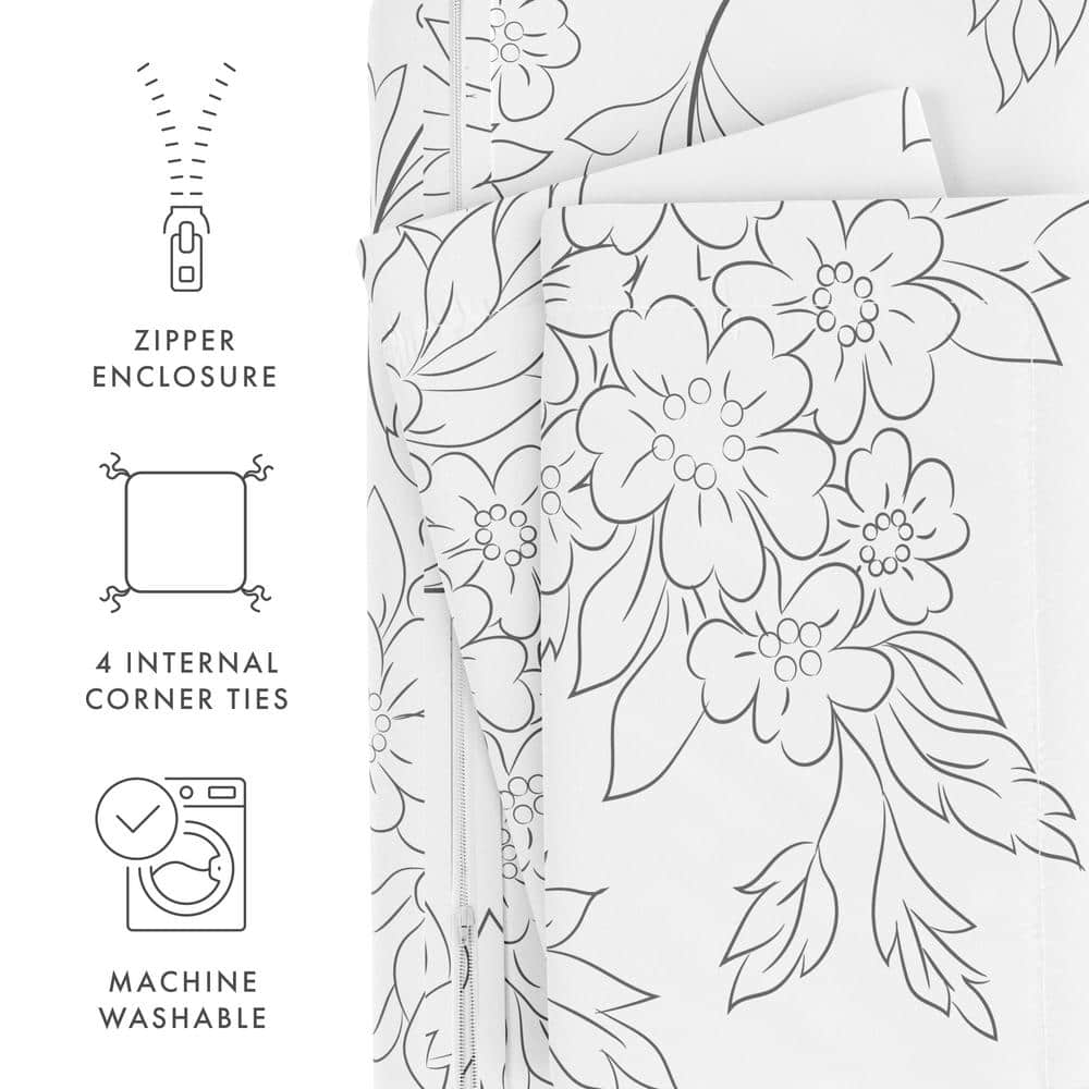 Gray Floral Microfiber Queen Duvet Cover Set with Pillow Shams