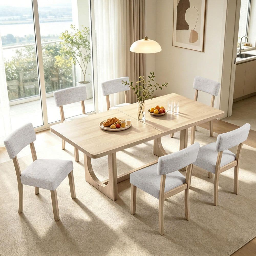 Farmhouse 7-Piece Light Oak Rectangular Wood Top Dining Table Set with Linen Upholstered Chairs, Seats 6