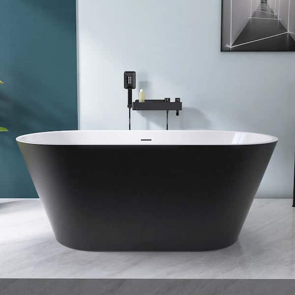 59 in. L x 29.5 in. W x 23 in. H Soaking Bathtub with Center Drain in Matte Black and Gloss White