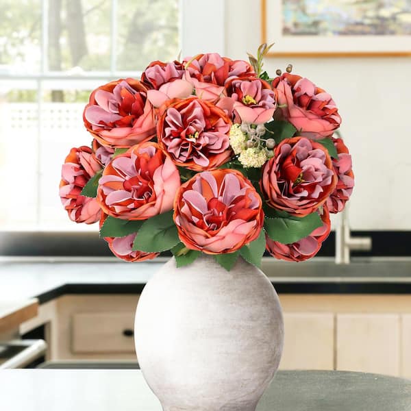 LIVING LUXURY 18 in. Rose Pink Artificial Cabbage Rose Flower Stem Bush Bouquet (Set of 2)