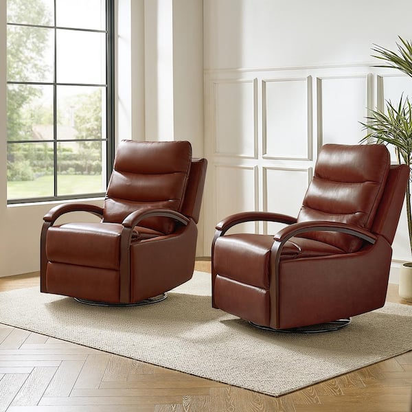 JAYDEN CREATION Joseph Genuine Leather Swivel BROWN Manual Recliner with Wooden Arm Accents and Straight Tufted Back Cushion (Set of 2)