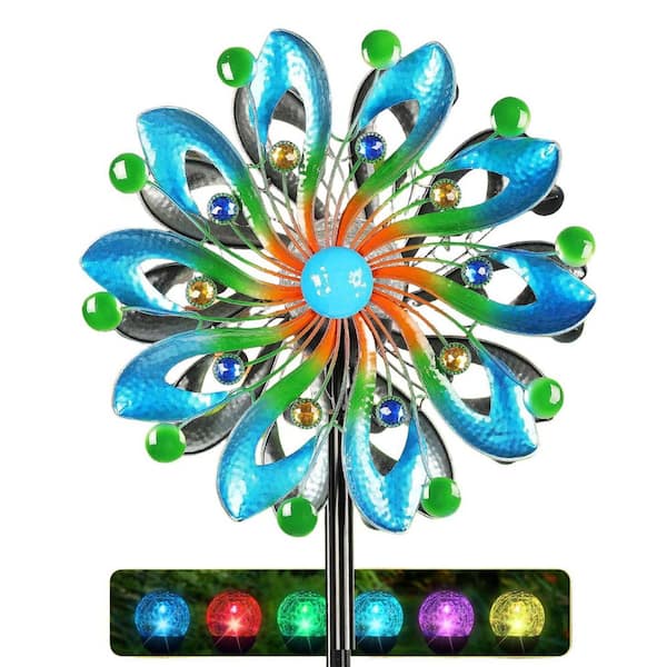 Wind Sculptures & Spinners 75 Inch, Navy Blue, Kinetic Art with Solar Powered Multi-Color Glass Ball Light(1 Pack)